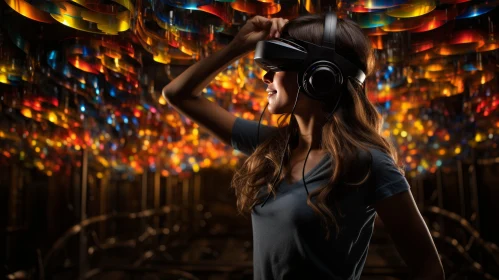 Virtual Reality Experience: Woman in VR Headset Surrounded by Colorful Light Bulbs