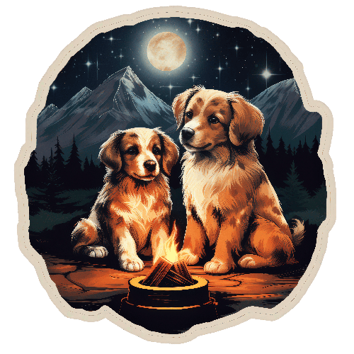 Warm Campfire Dogs T-Shirt Design Under Moonlight POD Design