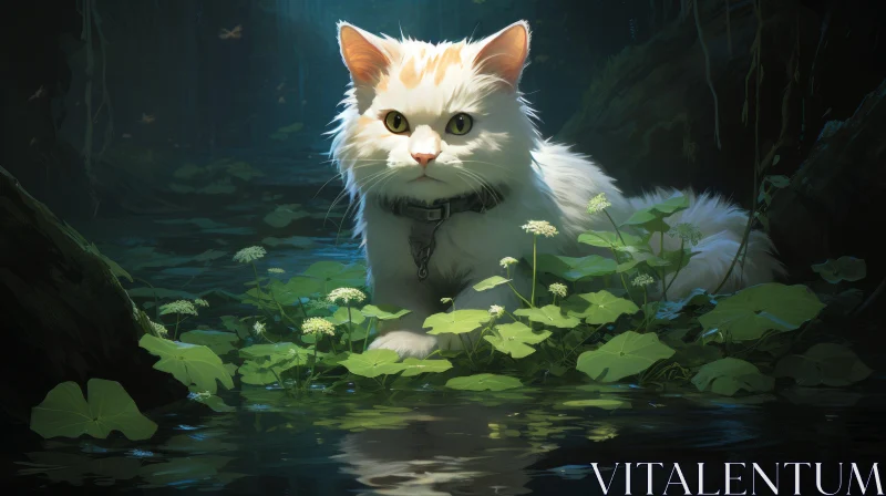 White Cat in Forest Pond: Epic Spatial Concept Art AI Image