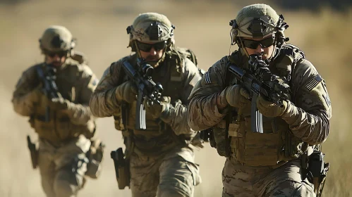 Camouflaged Soldiers Advancing with Rifles