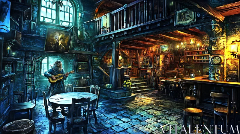 Rustic Pub Interior with Musician AI Image