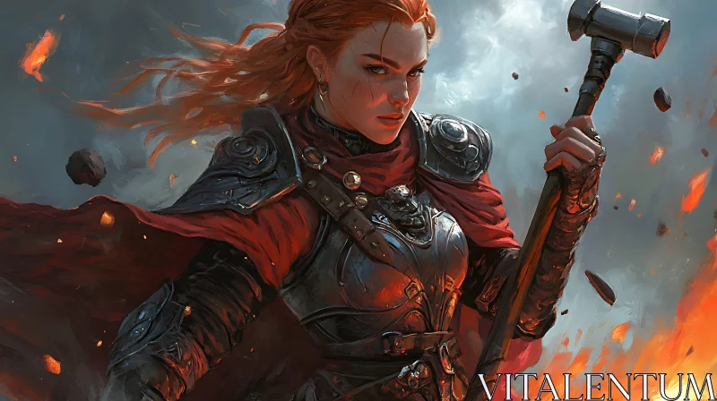 Armored Female Warrior in Fiery Battle AI Image