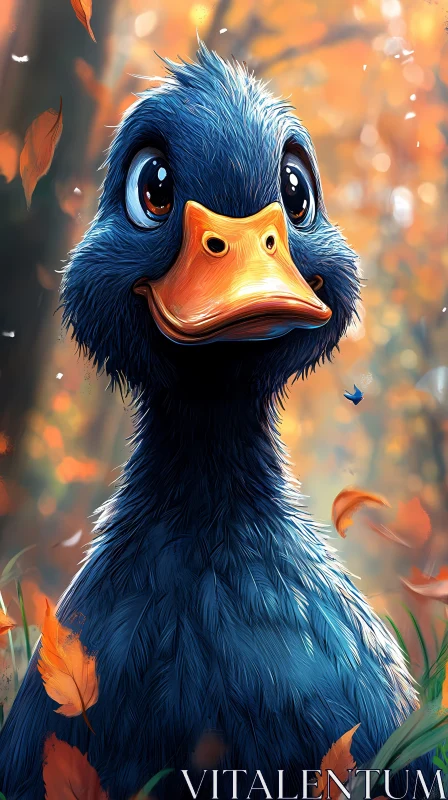 AI ART Whimsical Blue Duck Surrounded by Autumn Leaves