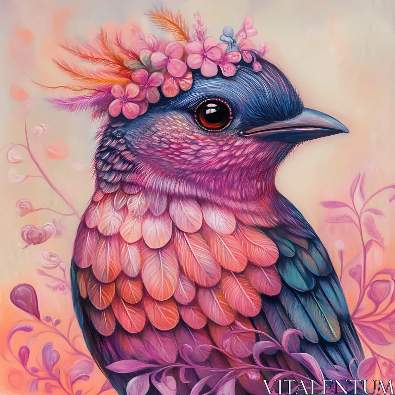 AI ART Whimsical Bird Portrait with Pink Feathers