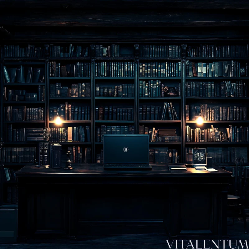 Cozy Library with Wooden Furniture and Vintage Lighting AI Image