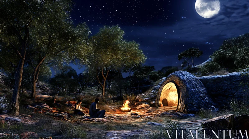 Campfire Night Scene with Moon and Stars AI Image