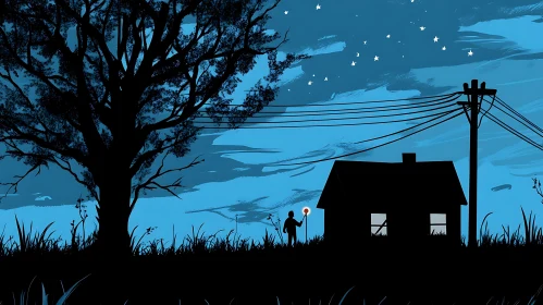 Night Landscape with Figure and Illuminated House