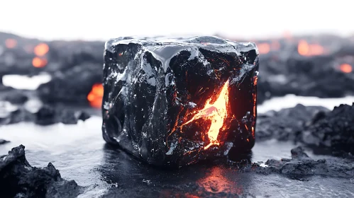 Glowing Volcanic Rock in Fiery Landscape