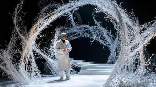 Man in White Coat Surrounded by Abstract Web