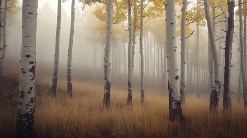 Misty Birch Forest in Autumn