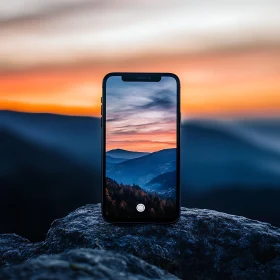Phone Displaying Mountain Landscape at Dusk
