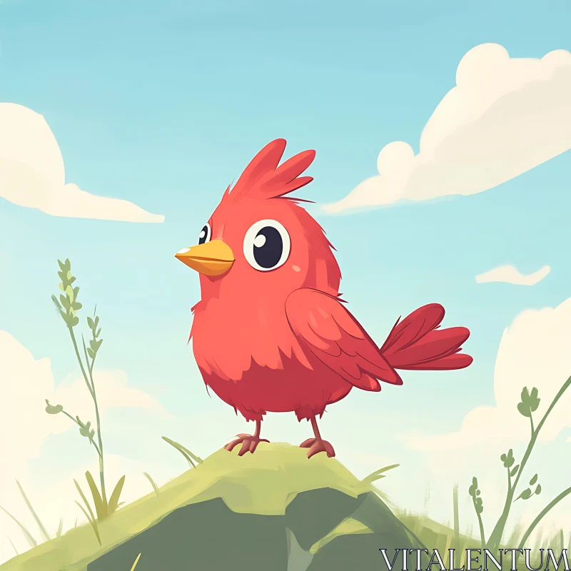 Cartoon Bird on Grassy Hill AI Image