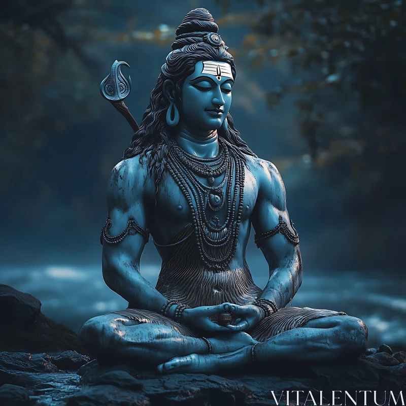 Meditative Shiva Statue in Serene Blue AI Image