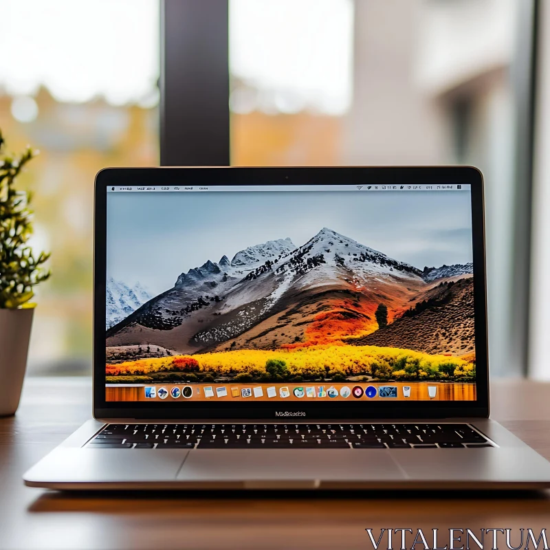 Laptop Displaying Scenic Mountain View on Desk AI Image