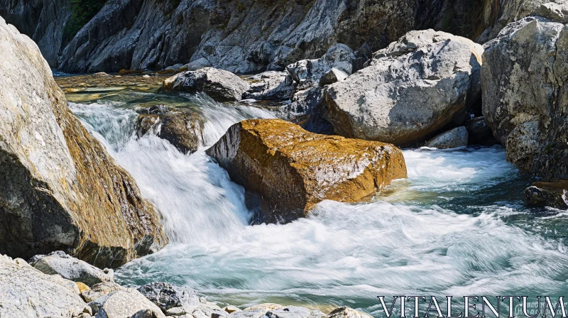 Tranquil Rocky Stream with Cascading Water AI Image