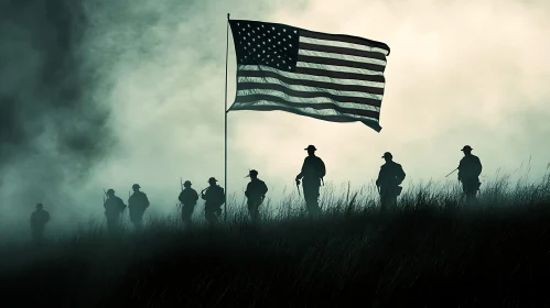 Silhouette of Soldiers with American Flag