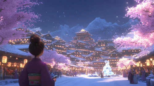 Snowy City View with Blossoms and Lights