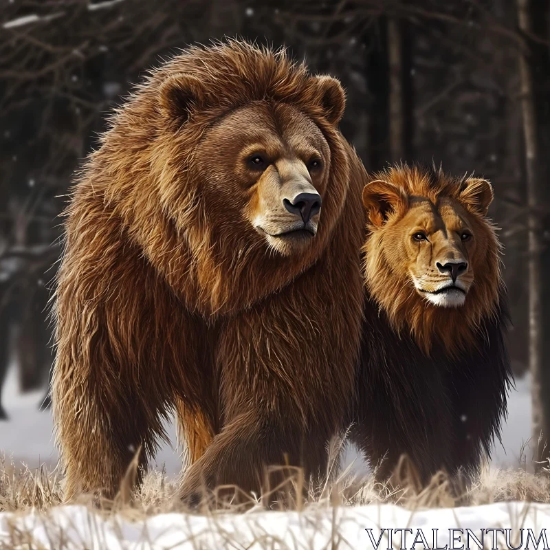 Winter Companions: Bear and Lion AI Image