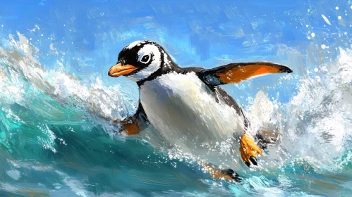 Splashing Penguin in Ocean Art