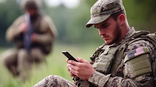 American Soldier Using Cell Phone