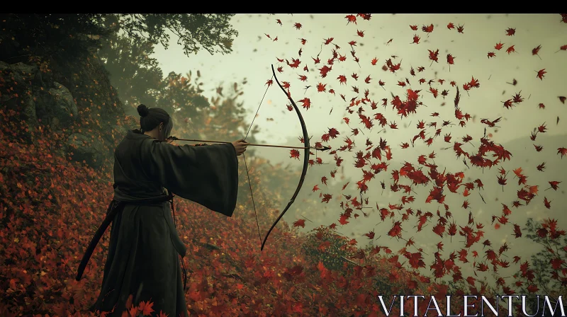 Samurai Archer Amidst Falling Leaves AI Image