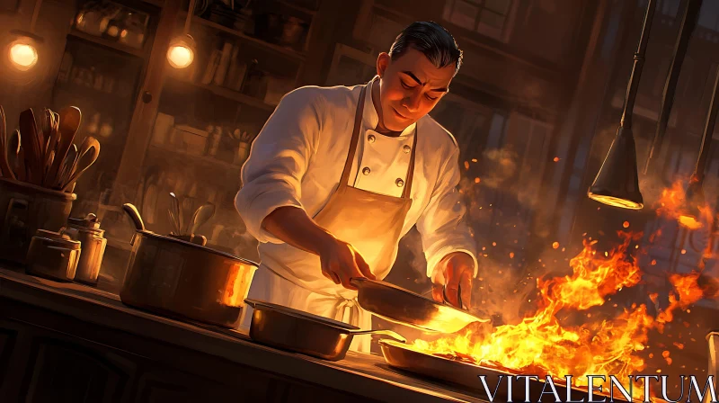 Professional Chef Cooking with Flames in a Restaurant Kitchen AI Image