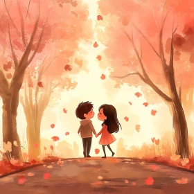 Autumnal Romance: A Cartoon Couple's Stroll