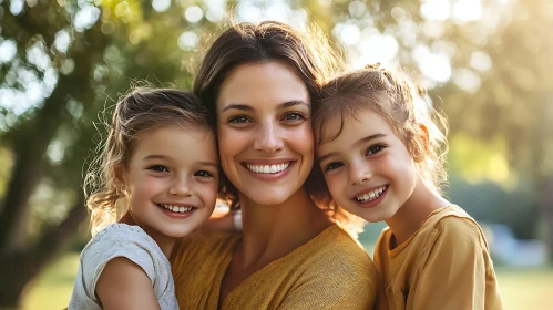 Smiling Mother and Daughters in Sunlight