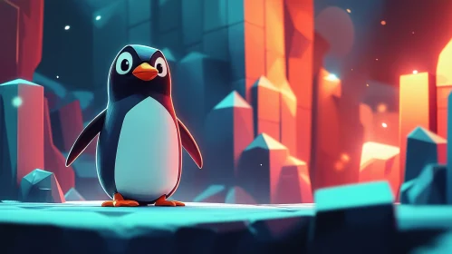 Penguin in Vibrant Geometric Ice World