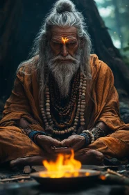 Serene Man Meditating Near Fire