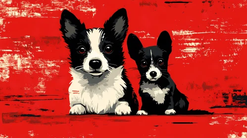 Stylized Black and White Dogs with Red Backdrop