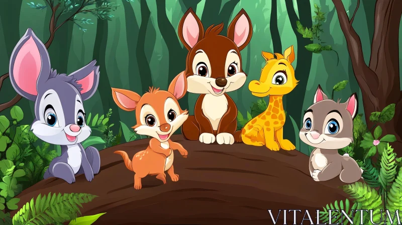 Cute Cartoon Animals in a Lush Forest AI Image