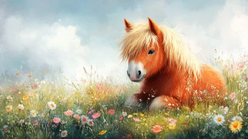 Pony Resting in a Blooming Field