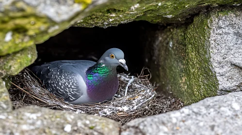 Pigeon in Stone Nest