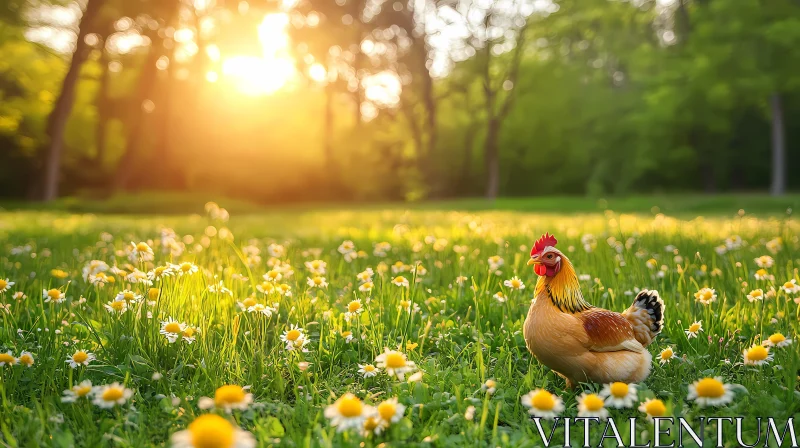 Sunlit Meadow with Chicken and Daisies AI Image