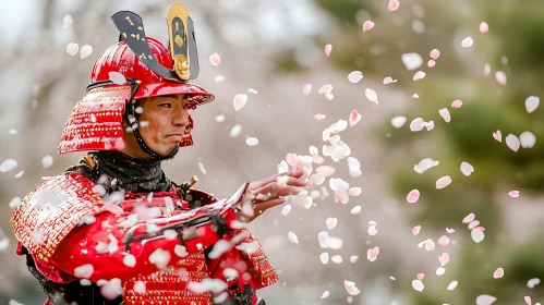 Warrior in Red Armor with Falling Petals