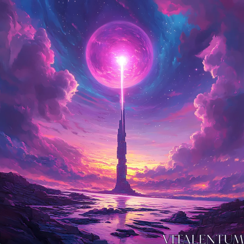 AI ART Pink Planet and Tower Surreal Landscape