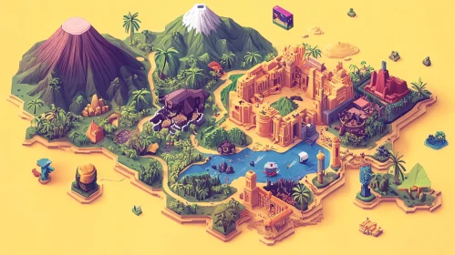 Cartoon Island with Buildings and Tropical Elements