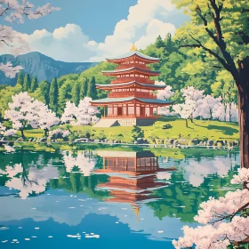 Peaceful Pagoda Scene with Sakura and Water