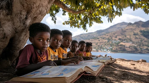 Kids Reading Books Under Tree