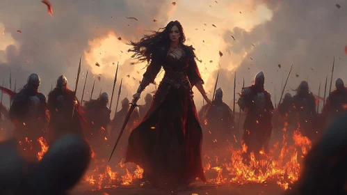 Woman Warrior in Fiery Battlefield