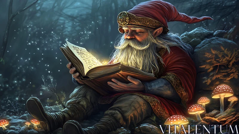 AI ART Forest Gnome Reads Magic Book