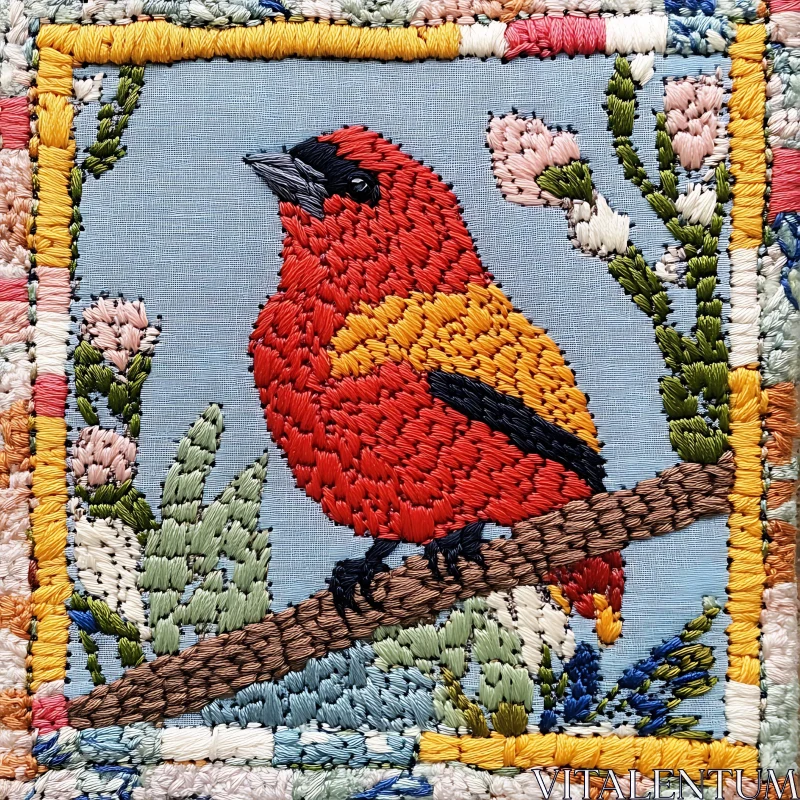 Handmade Bird Embroidery with Floral Design AI Image