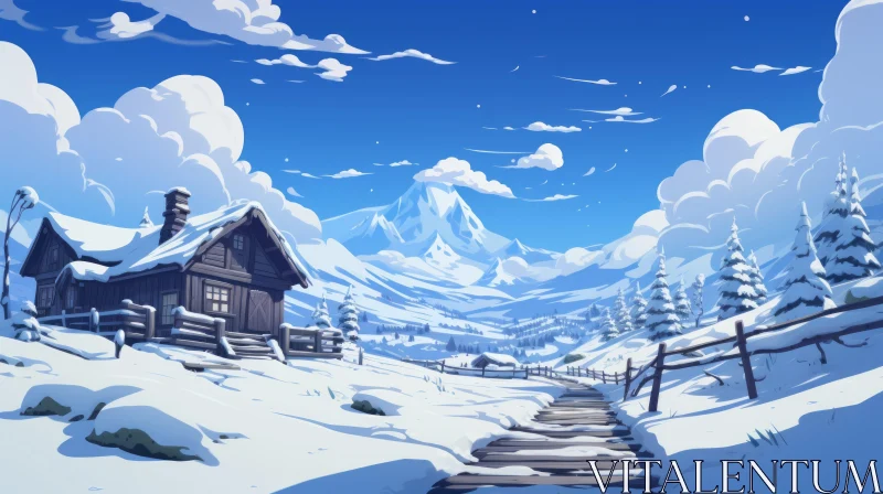 Anime Art Style Winter Landscape with Snow-Covered House AI Image