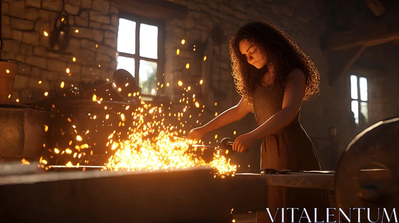 AI ART Woman Blacksmith Working at Forge