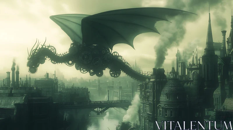 Mechanical Dragon Flight Above Metropolis AI Image