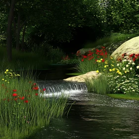Tranquil Creek with Blooming Flowers in the Forest