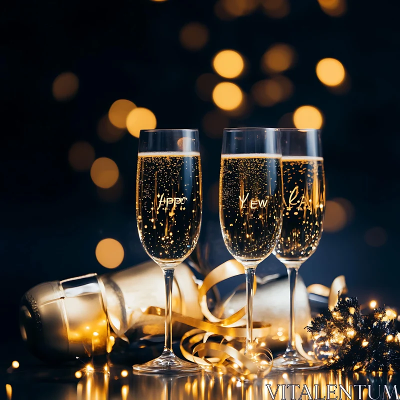 Golden Champagne Flutes New Year Celebration AI Image