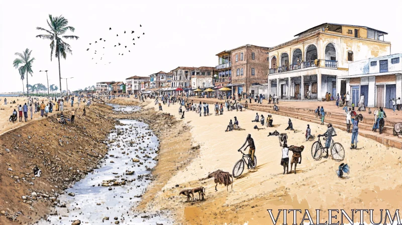 AI ART Bustling Beach Scene in Coastal Town