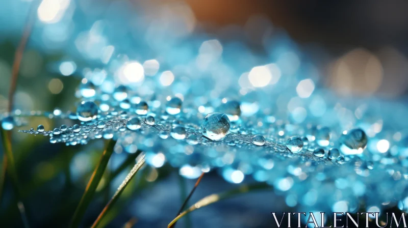 Blue Droplets on Grass: Nature's Poetry in Silver and Aquamarine AI Image